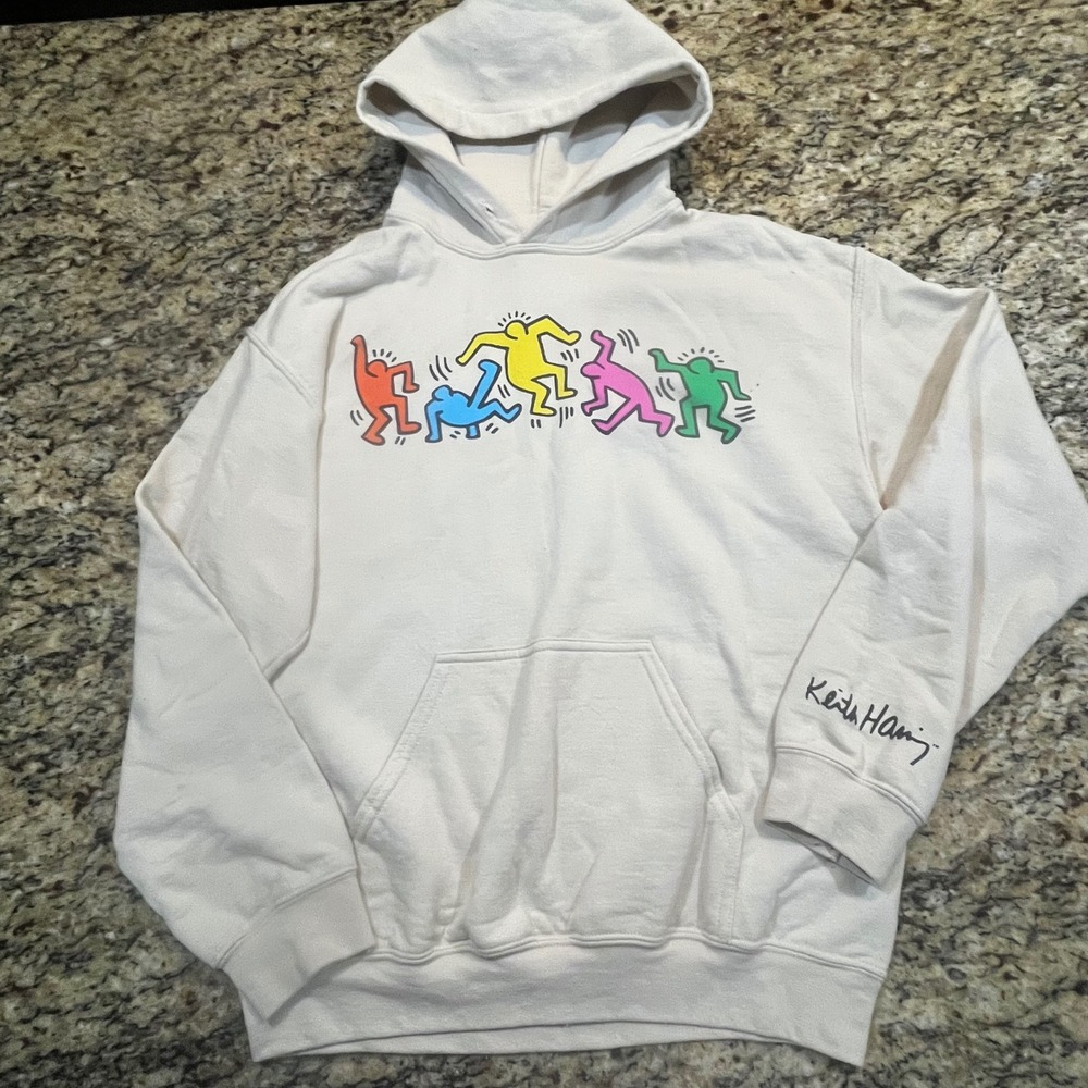 Keith Haring Ripple Junction Mens Cream Dancing‎ Figures Graphic Hoodie Size M